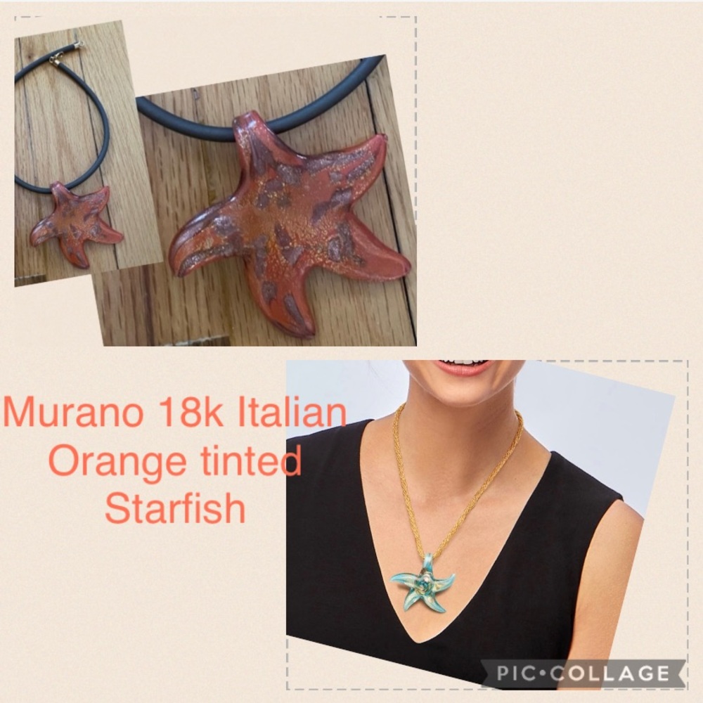 NEW Murano 18k gold clap Italian Orange tinted Starfish necklace clap